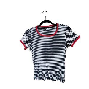 Divided Black & White Striped Ribbed Crop Top With Red Trimmed Edges womens size